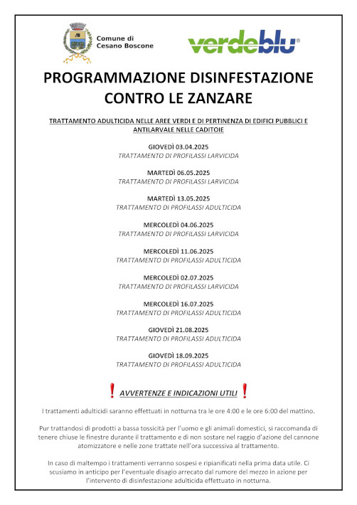Programmazione interventi dezanzarizzazione anno 2025